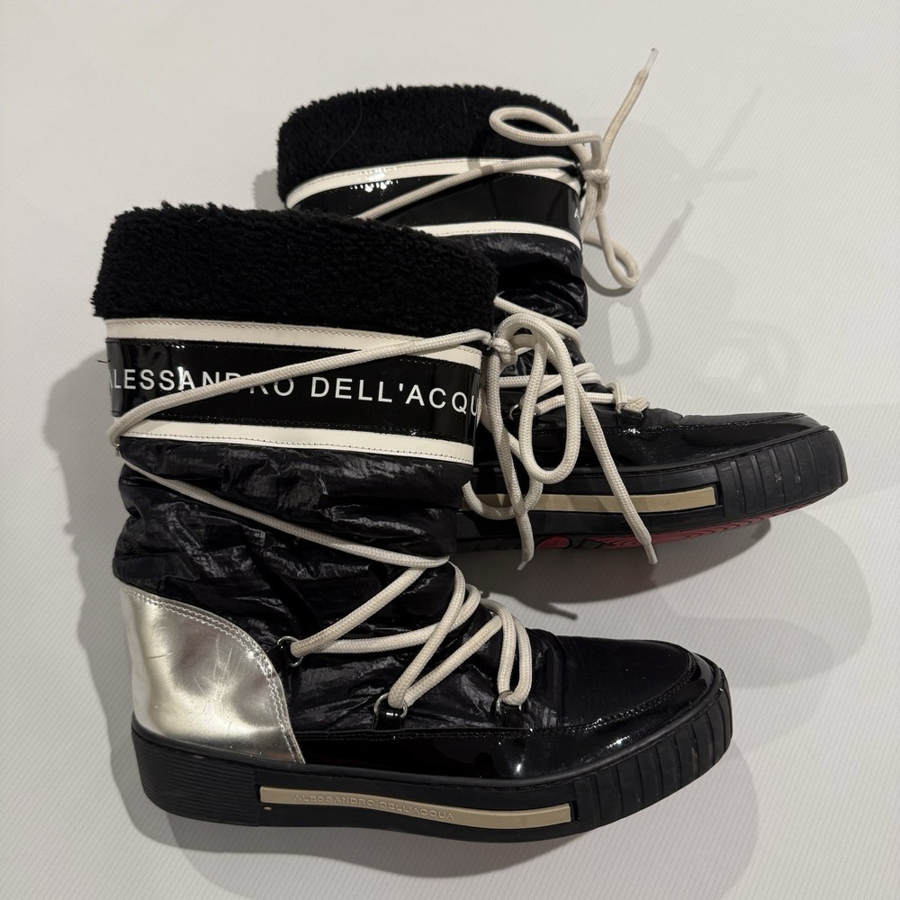 Alessandro Dell'Acqua Black Silver Metallic Fashion Boots Women Waterproof 7.5
